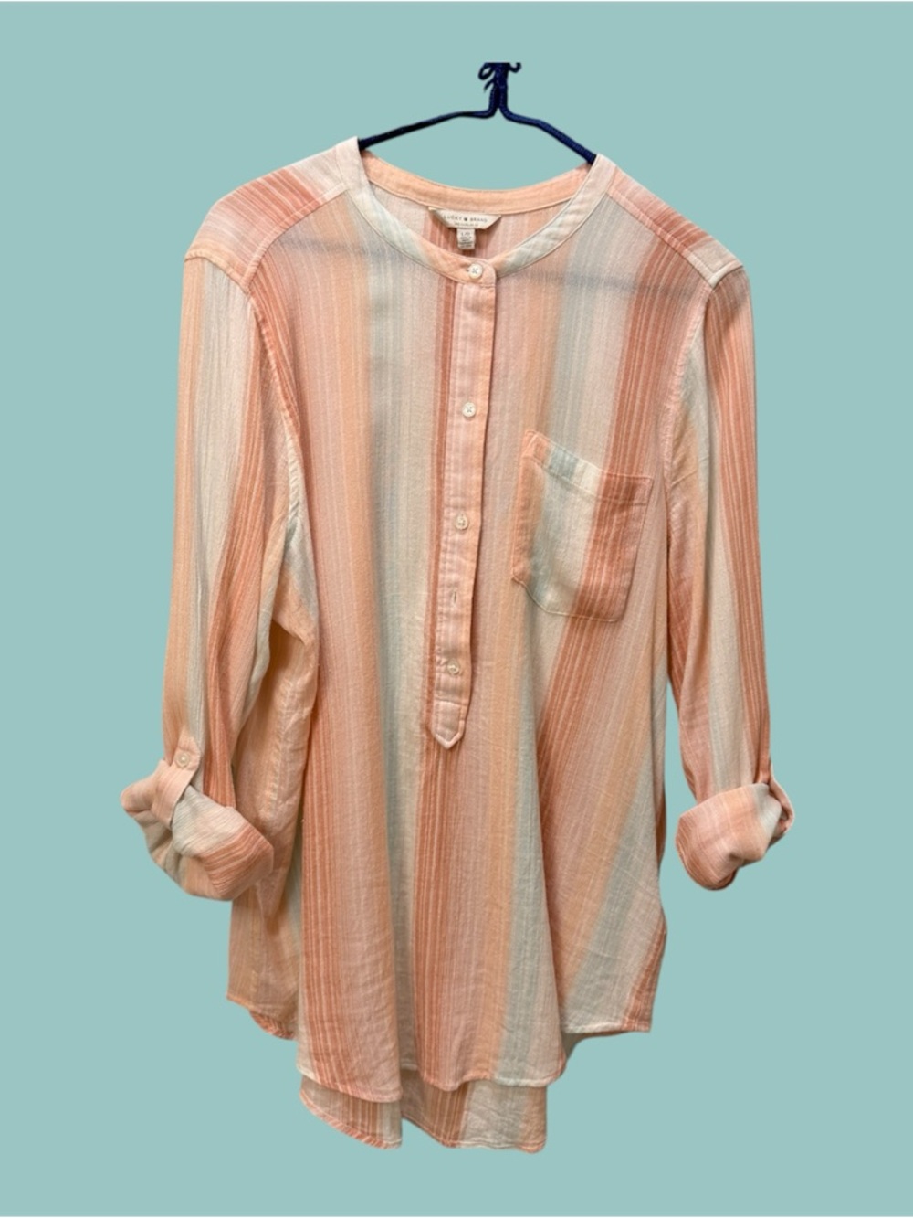 Lucky Brand Peach & Cream Striped Linen Henley Blouse